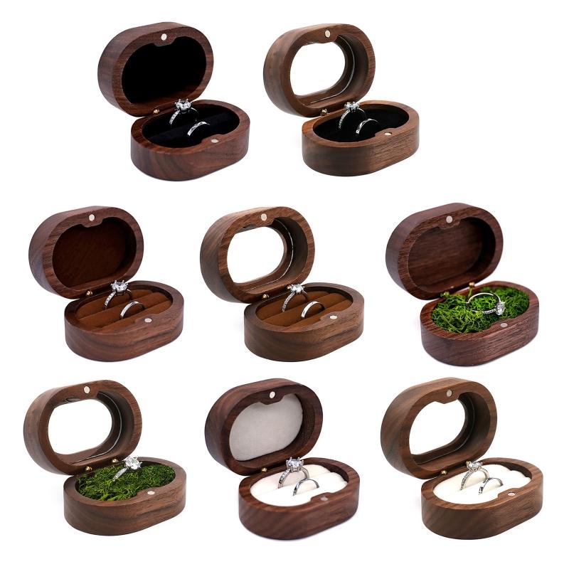 Black Walnut Wooden Engagement Ring Box Solid Wood Oval Shaped Ring Organizer for Proposal Wedding Ceremony Gift