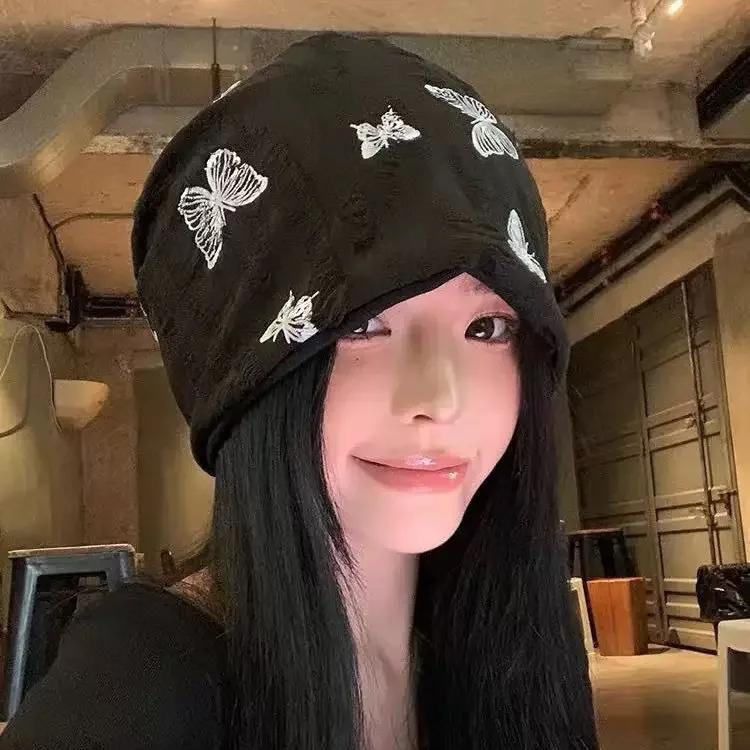 Autumn Winter Warm Bonnet Girls Elastic Skull Caps Korean Baggy Beanie Hats Hip Hop Streetwear Butterfly Pullover Hat