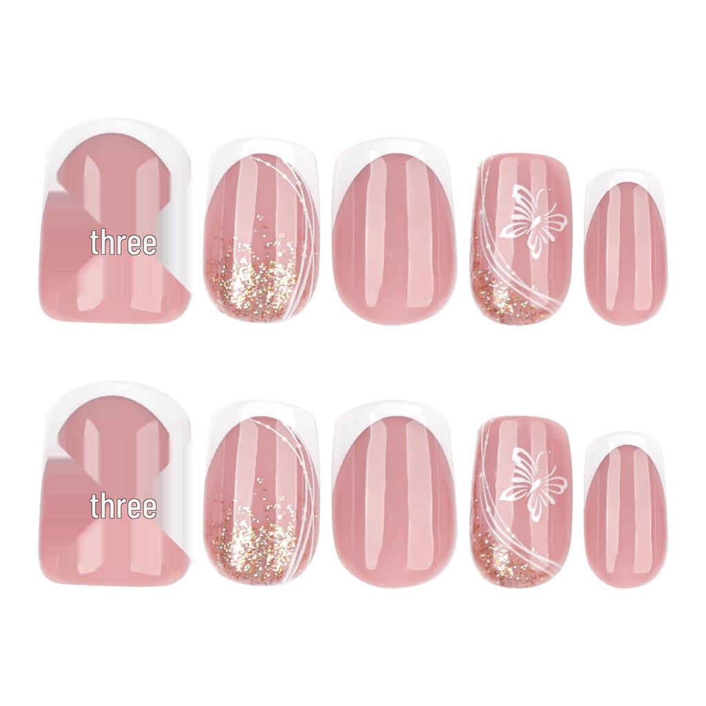 French White Butterfly Glitter Short Square False Nails