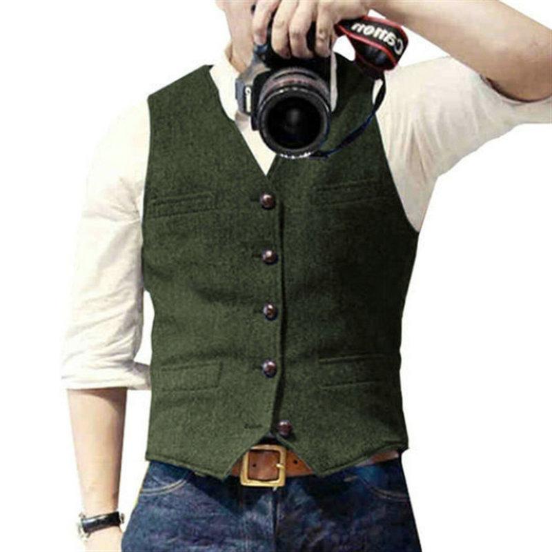 European & American Men's Retro Herringbone Wool Vest - British Style Single-Breasted Casual Waistcoat