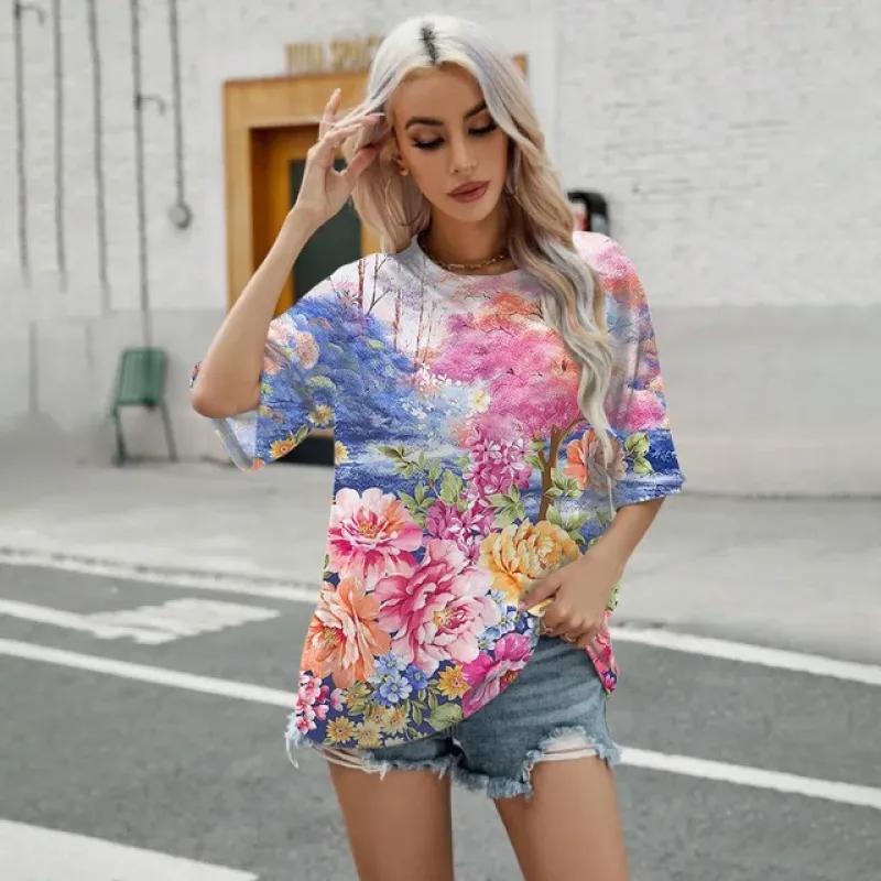 Elegant dame-t-skjorte Mote Blomstermønstertrykk T-skjorte Retro Populær Dame Kortarmet T-skjorte Sommer Fritids-t-skjorte