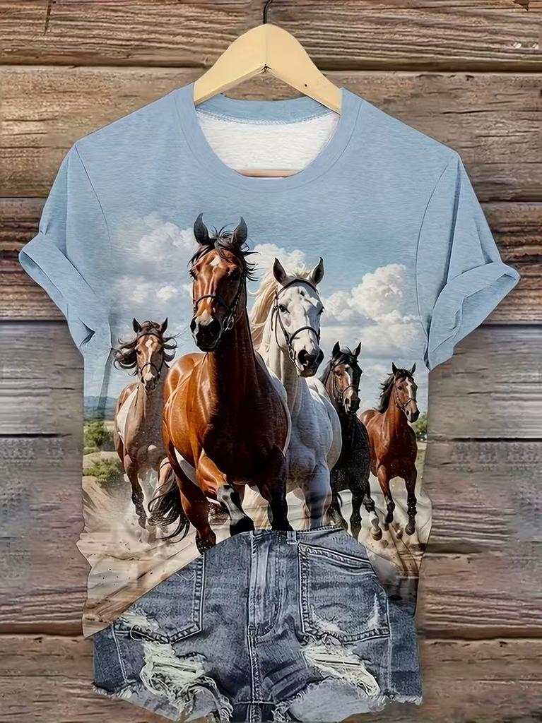 Summer New Horse Animal T-Shirts 3D Print Women's Round Neck Short Sleeve T Shirt Casual Tees Harajuku Y2K Tops Female Clothing
