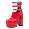 Gladiator Woman Platform Ankle Boots Triple Ankle Strap High Chunky Heel Fashion Red Patent Leather Punk Lady Zipper Short Boots