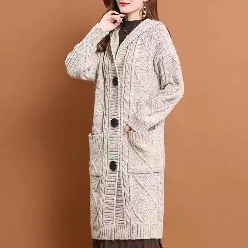 Large Size Autumn Winter Hooded Big Pocket KnittingJacket Women's Cardigan Sweater Coat Elegant Female Long Sweater