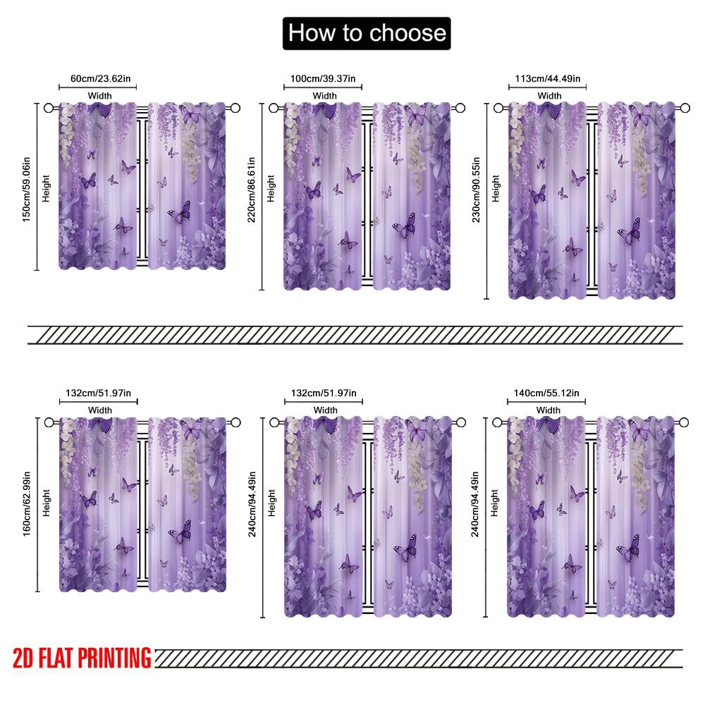 Set Of 2 Elegant Flat Printing Window Drapes Purple Butterfly Floral Digital Printed Polyester Festive Wall Decor Curtain Made