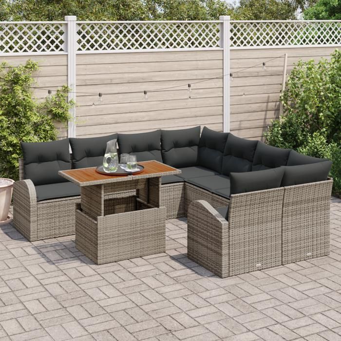 Ensemble de Canapé de Jardin 9 Pièces avec Coussins Gris Rattan Poly, Canapé de Jardin 2 Places avec Rangement et Coussins 3358302