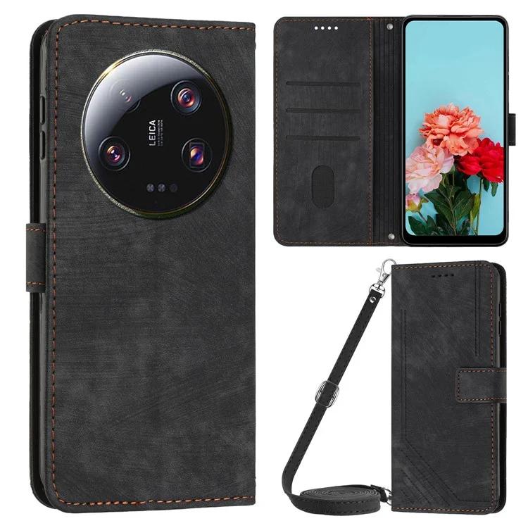 

For Xiaomi 13 Ultra PU Leather Phone Stand Case Wallet Lines Imprinted Cover with Shoulder Strap
