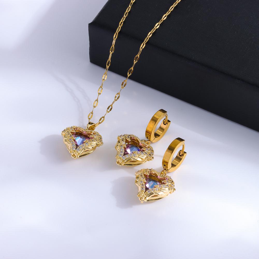 Top Luxury Colorful Crystal Ocean Heart Necklace Earrings For Women Trendy Stainless Steel Jewelry Set Female Wedding Neck Chain