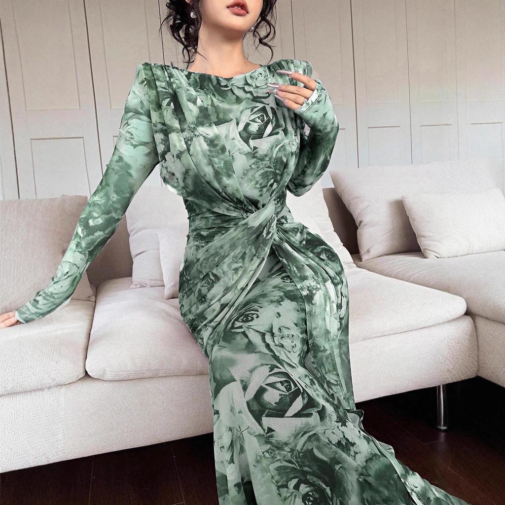 2025 Summer European & American U-Neck Long Sleeve Patchwork Slim Fit Printed Women's Dress