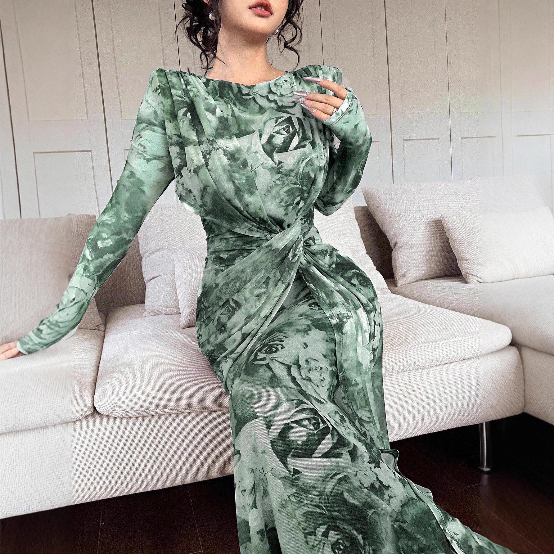 2025 Summer European & American U-Neck Long Sleeve Patchwork Slim Fit Printed Women s Dress XL зелёный