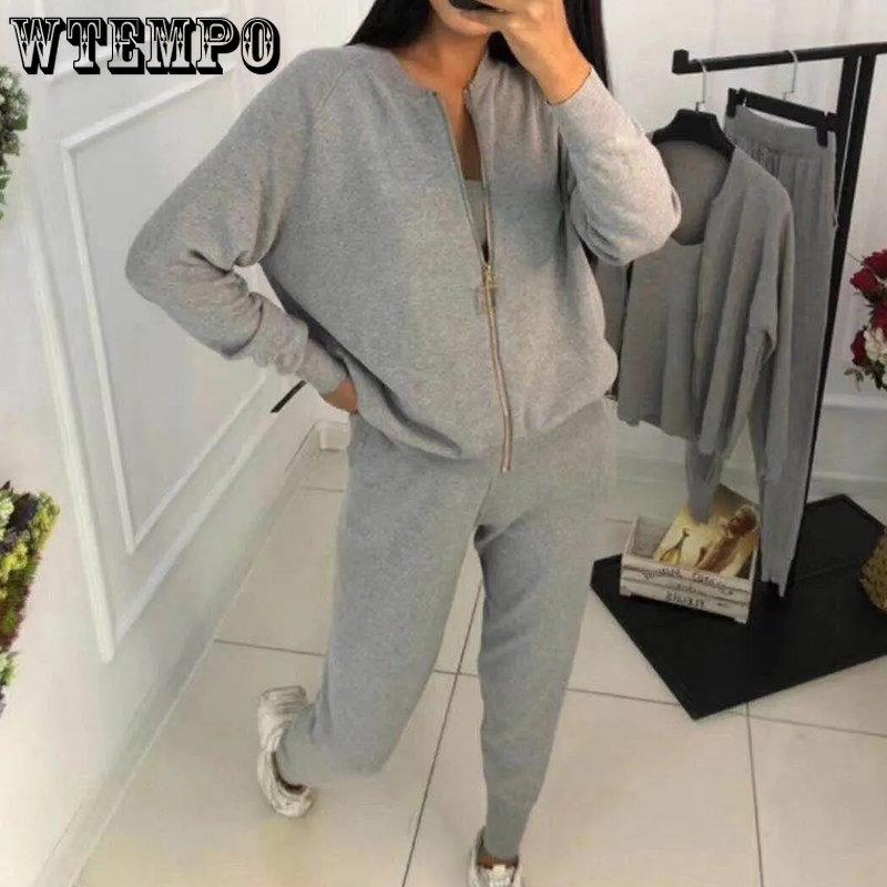 Women Zipper Knitted Cardigans Sweaters + Pants + Chain Vests Three-Piece Set Lady Jumpers Trousers Costumes Outfit Suit