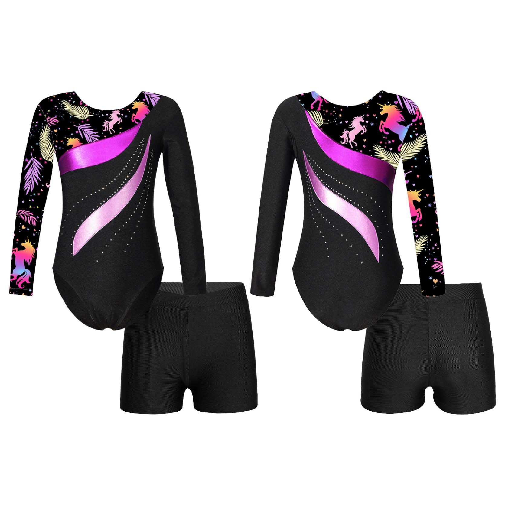 IEFiEL Kinderen meisjes lange mouw ronde hals glanzende strass decor turnpakje met shorts voor dans gymnastiektraining 5-6 Years zwart/roze