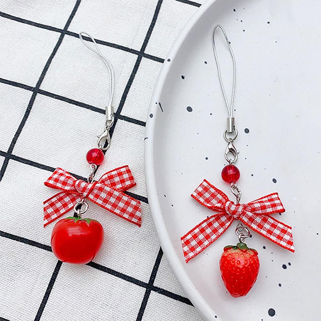 Cute Bowknot Phone Charm Handmade Strawberry Phone Pendant Tomato Phone Jewelry Resin Material for Woman Girls Teens