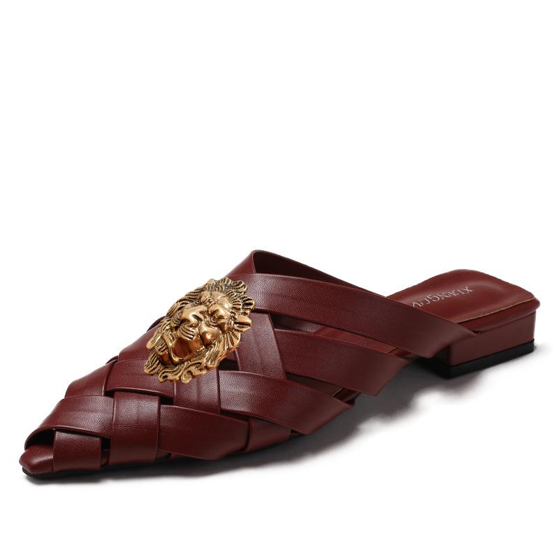 Fashion Hollowed-out Woven Pointed-toe Flip-flops for Women, New Thick-heeled Fashion, Closed-toe Half Slippers, Mules T77