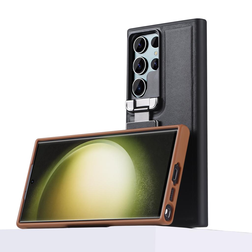For Samsung Galaxy S25 Ultra S24 S23 Matte Plain Leather Flip Up Lens Bracket Case Protection Cover Accessory