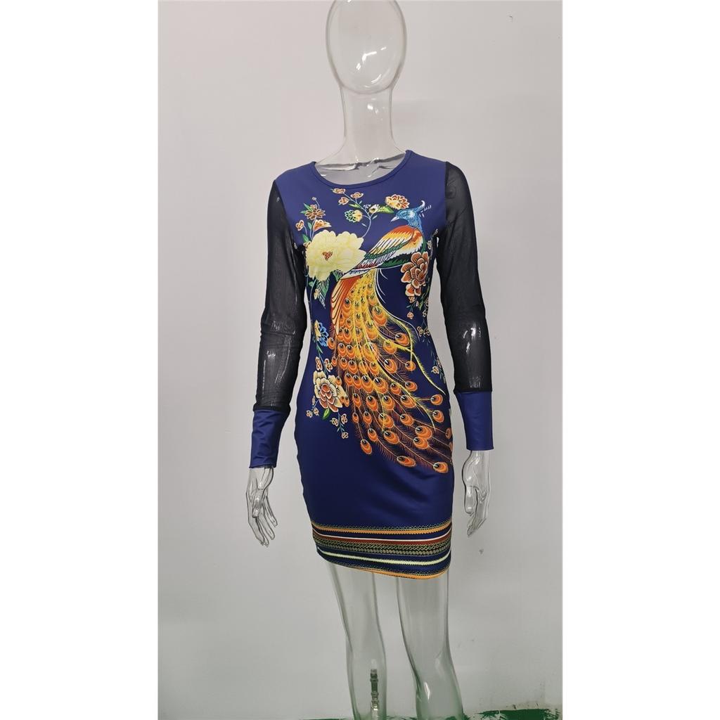 Damekjole i mesh med lange ermer, V-hals, slim-fit og trykk for kvinner