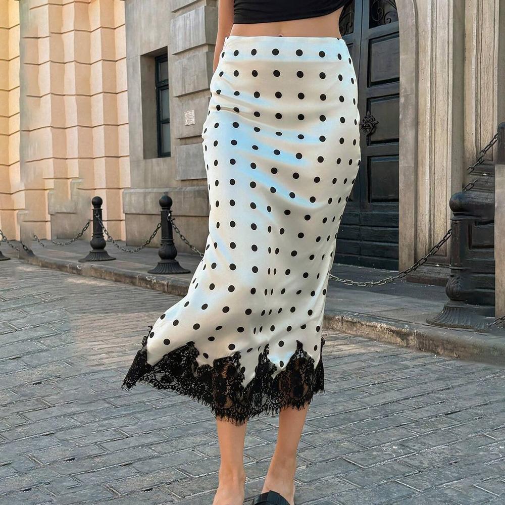 Gonne Lunghe in Pizzo da Donna Talenza Moda Vita Alta Patchwork Pois Gonna di Raso Elegante Festa Y2K Casual Chic Gonna da Donna