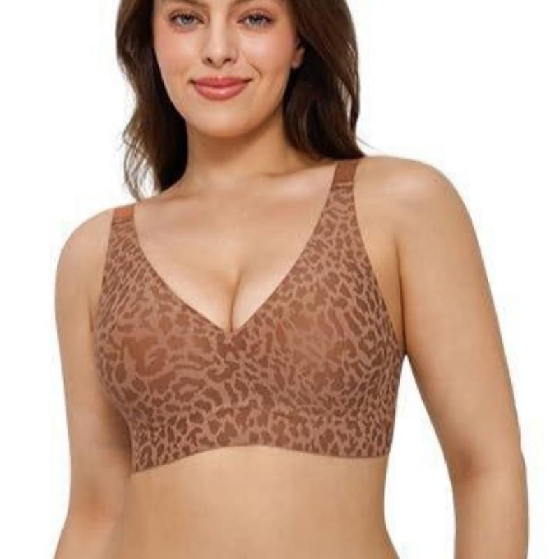 Coppa Gelatina Stampa Leopardo Scollatura a V Profonda Senza Cuciture Senza Ferretto Taglie Forti Comfort Intimo per Donne Uso Quotidiano