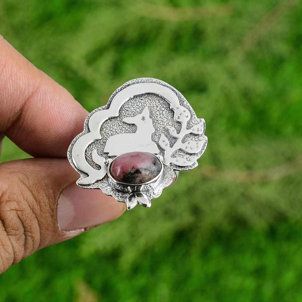 Mothers day Sale Natural Rhodonite 925 Silver Stackable Bezel Wife Ring Jewelry