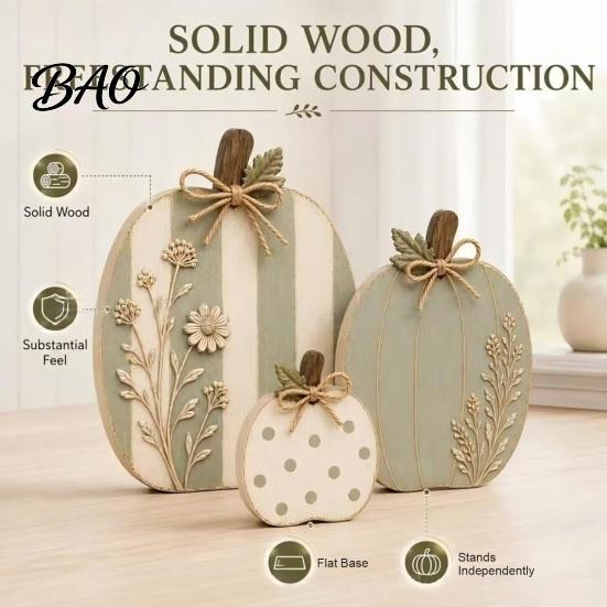 Solid Wood Pumpkin Set 3Pcs Wildflower Figurines, Farmhouse Fall Tabletop Decor, Rustic Pumpkins with Harvest Table Centerpieces Embossed Floral, Jute