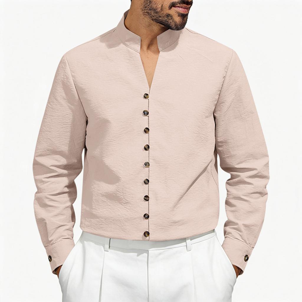 Men's Low Round Neck Tang Button Up Shirt Loose And Casual Jacket
