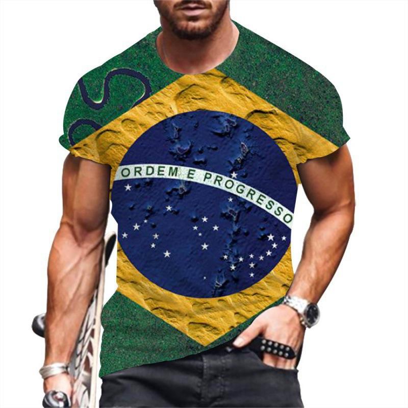 Summer Round Neck 3D Brazilian Flag Football Jersey Print Top Fashionable Casual Short Sleeved Men's T-shirts
