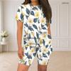 Women Plus Size Round Neck Short Sleeve White Lemon Printed Two Piece Shorts Set