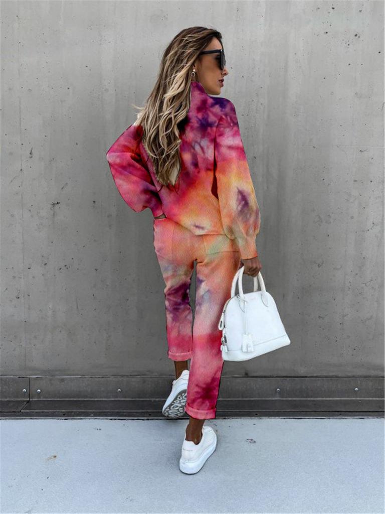 WomenTie-Dye Printed High Neck Lace-up Long Sleeve Fashion Casual Trousers Suit