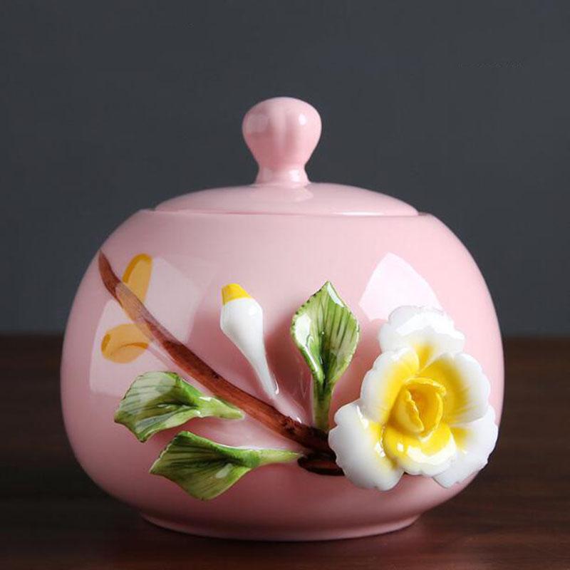 Handmade Ceramic Relief Flower Pattern Tea Caddy Sealed Storage Tea Canister Living Room Coffee Storage Jar Kitchen Teaware