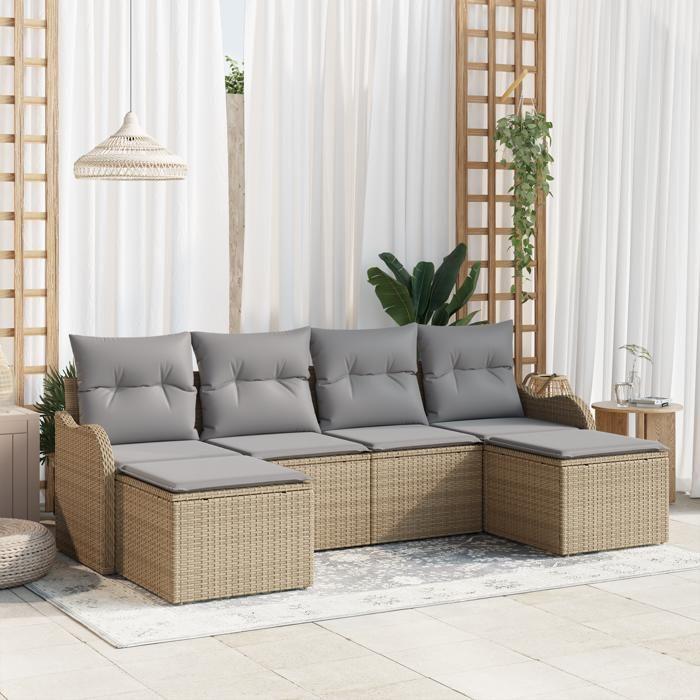 Ensemble de canapé de jardin en 6 pièces avec coussins beige en rotin synthétique, Canapé de jardin 2 places avec coussins 3345810