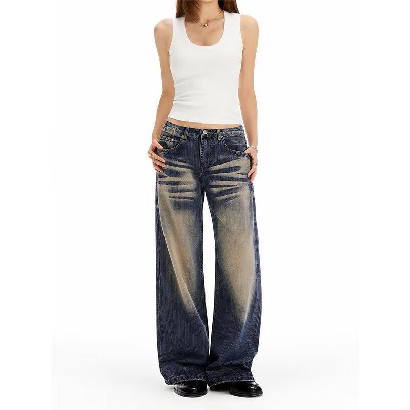 American retro cat beard wide-leg jeans women's autumn new washed old loose and versatile mopping scimitar pants