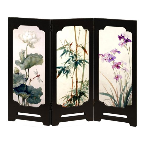 Yousheng Mini Floral Folding Screen Rustic 3 Panel Room Dividers Chinese Style Vintage Desktop Folding Screen Feng Shui Ornaments for Home Table Decor