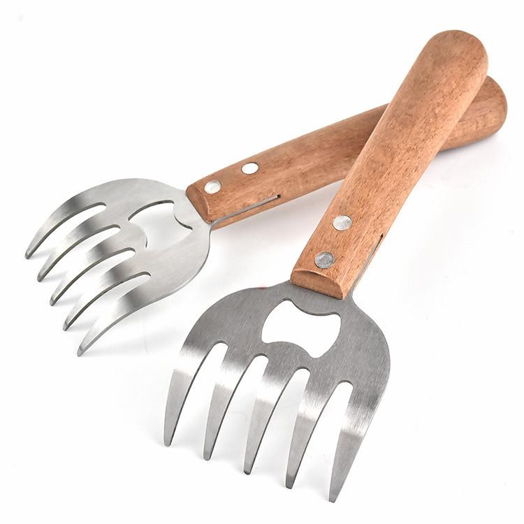 Long Handle Meat Divider Stainless Steel Bear Claw Fork Meat Remover Wooden Handle Multi-function Meat Shredder Claw Kitchen