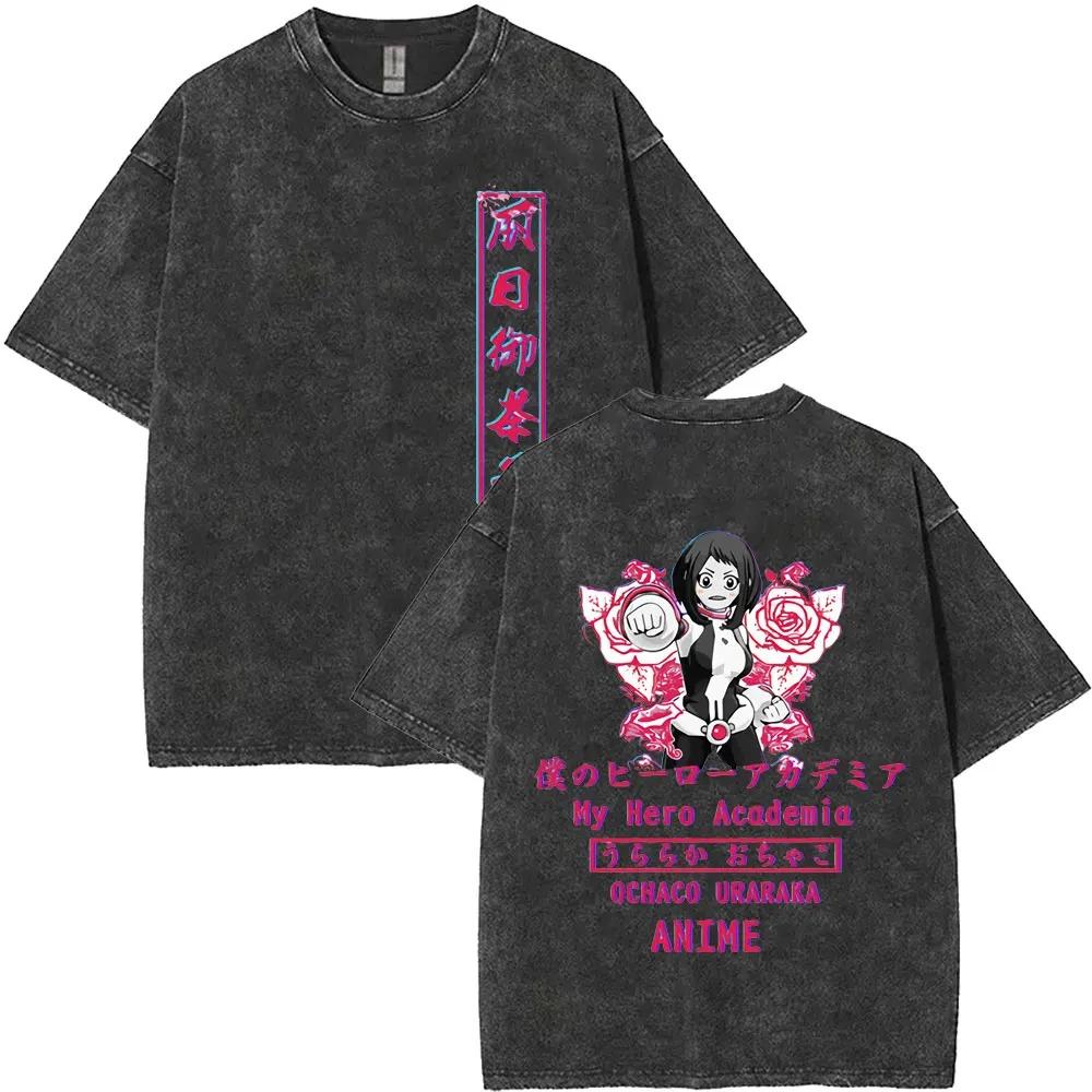 Oversized Washed Black Short-Sleeve T-Shirt Featuring My Hero Academia Ochaco Uraraka Dual-Sided Graphic Print For Anime Fans