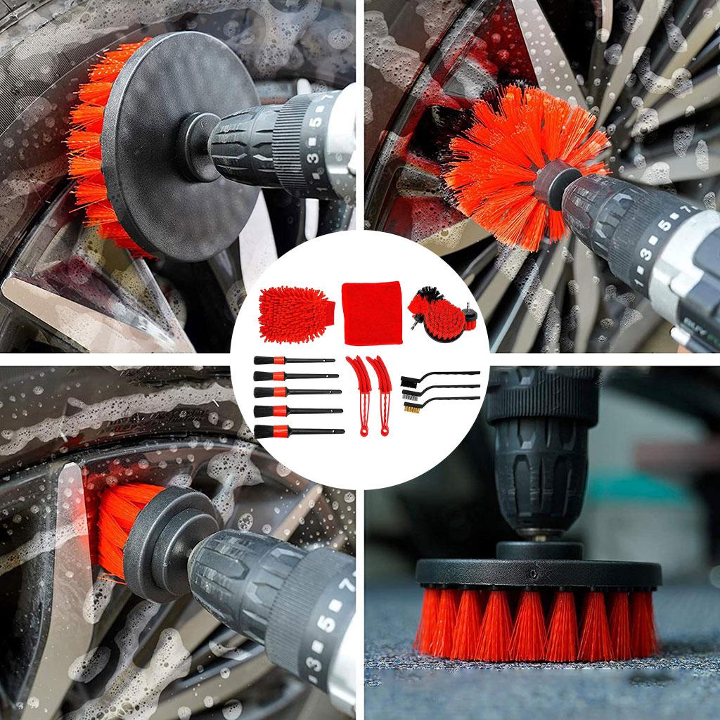 16Pcs Car Detailing Electric Drill Brush Wheels Engine Internal Long Handle Car Electric Dril Brush Tire Wheel Rim Cleaning