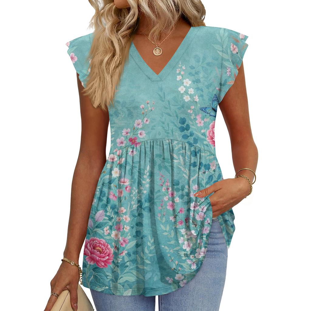 Womens Tops Fashionable V-neck Ruffled Sleeve Short-sleeved T-shirt Business Blouses