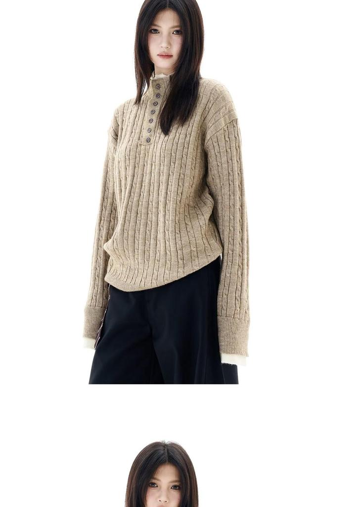Unisex Loose-Fit Faux Two-Piece V-Neck Cable Knit Sweater - Men's Casual Long Sleeve Pullover