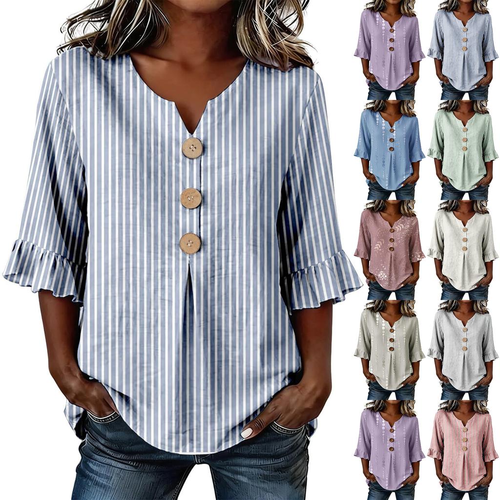 Womens V Neck Striped Print Button Loose Fit Ruffle Sleeve Blouse Casual Relaxed Fit Top for Everyday Wear