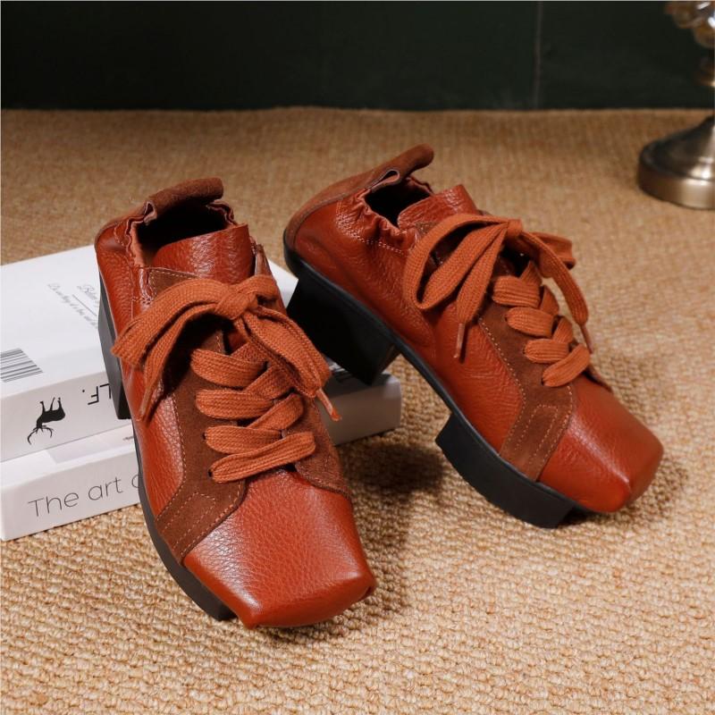 Johnature Women's Shoes Genuine Leather Square Toe Soft Cowhide Lace-up Versatile Mid Heel Pumps