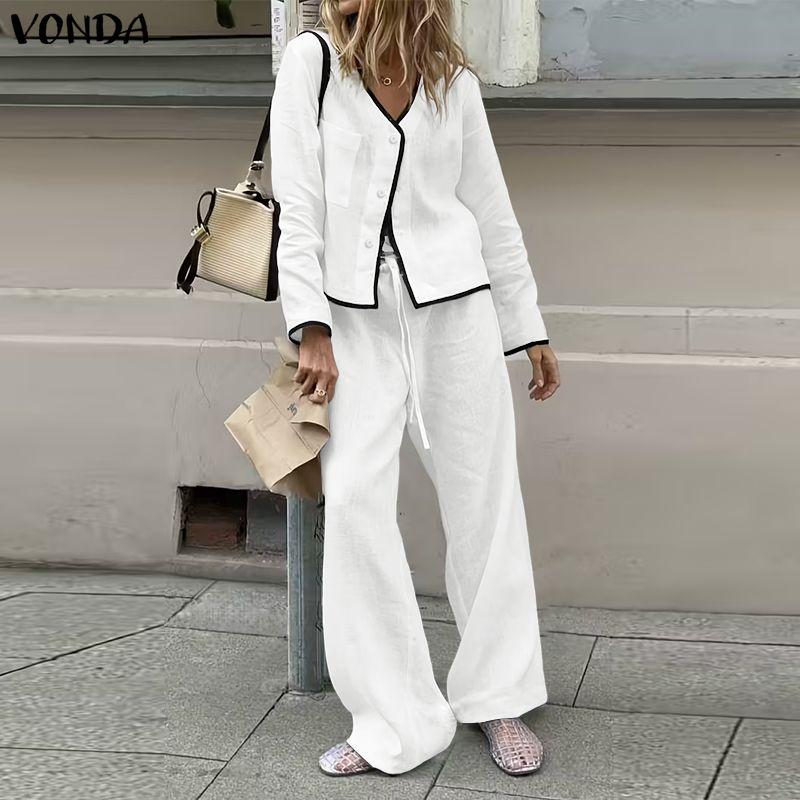 VONDA 2PCS Women Casual Long Sleeve Blouse and Pants Stitching Two Piece Suit Sets