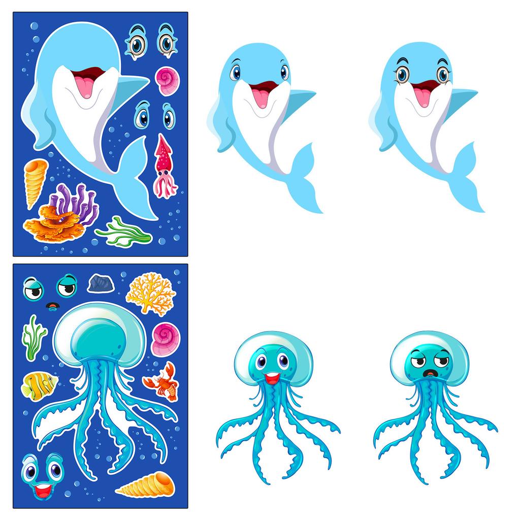 6 Fotos/Baotian Meeresleben Gesicht-verändernde Aufkleber für neues Kinder-Puzzlespielzeug Wiederholt klebende Puzzle-Aufkleber