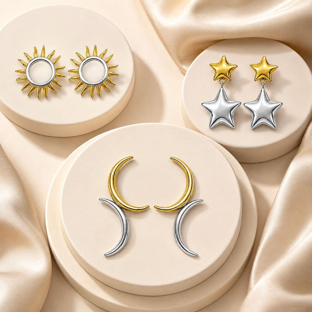 Stainless Steel Gold & Silver Color Block Star Moon Sun Earrings