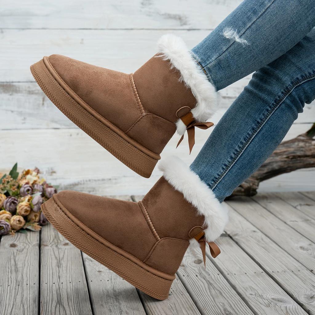 Fashion 2025 New Women Boots Flat Wear-resistant Soft Students Plus Velvet Warm Women Shoes Fashion Bow Round Toe Elegant Snow Boots