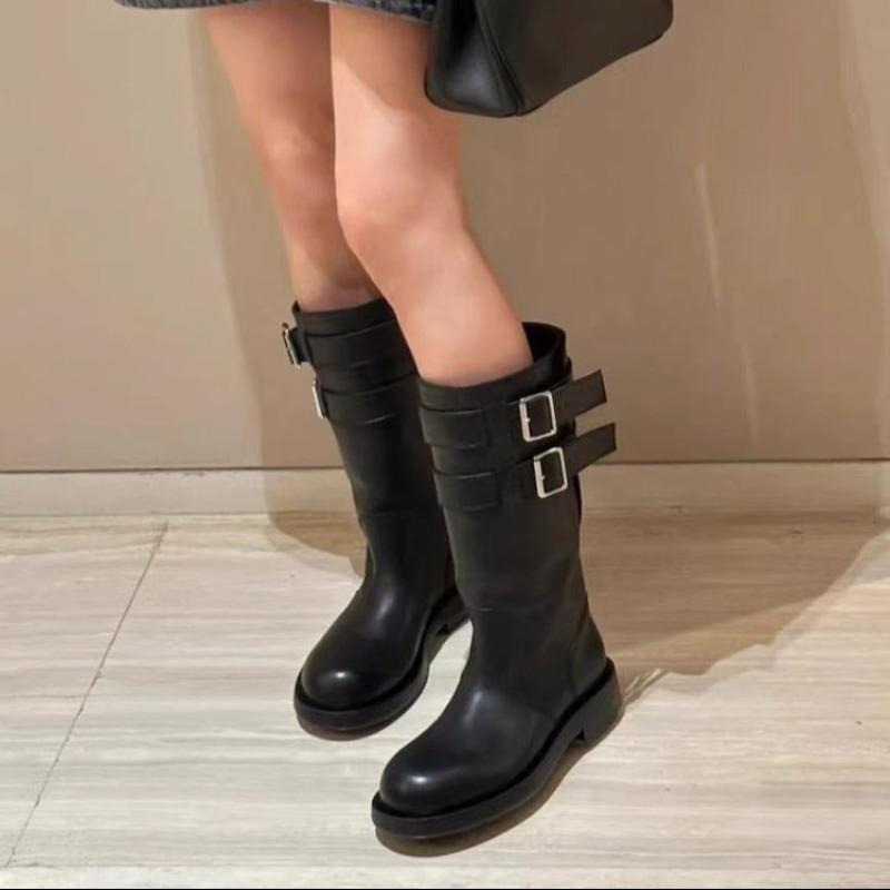 Metal Belt Buckle Low Heel Mid-Leg Boots Fashion Round Toe Soft Leather Autumn New High Knight Boots for Women