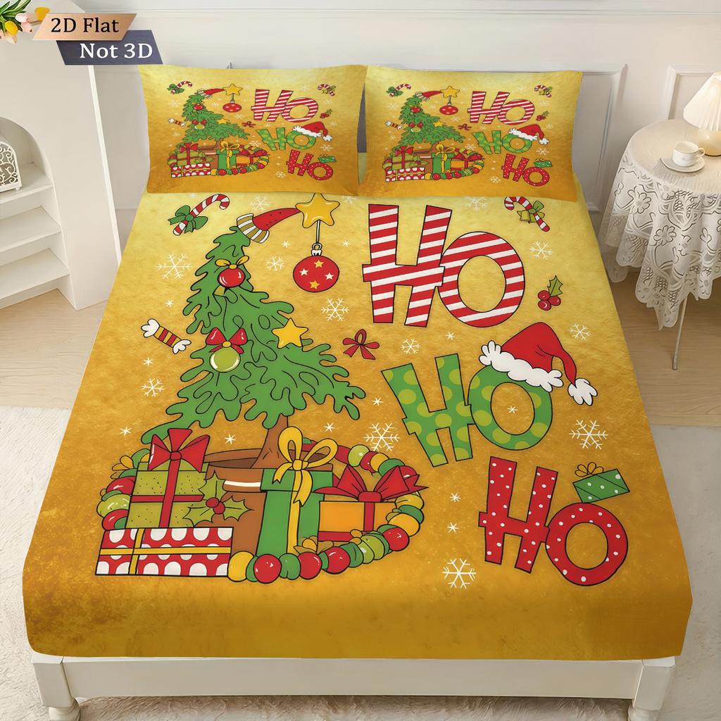 3pcs Cartoon Christmas Tree HO Print Coreless Bed Sheet Set Multi Size Soft Bed Cover Bedroom Bedding Holiday Decoration