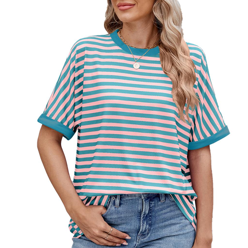 Summer Loose Fit Striped Round Neck T-Shirt Women