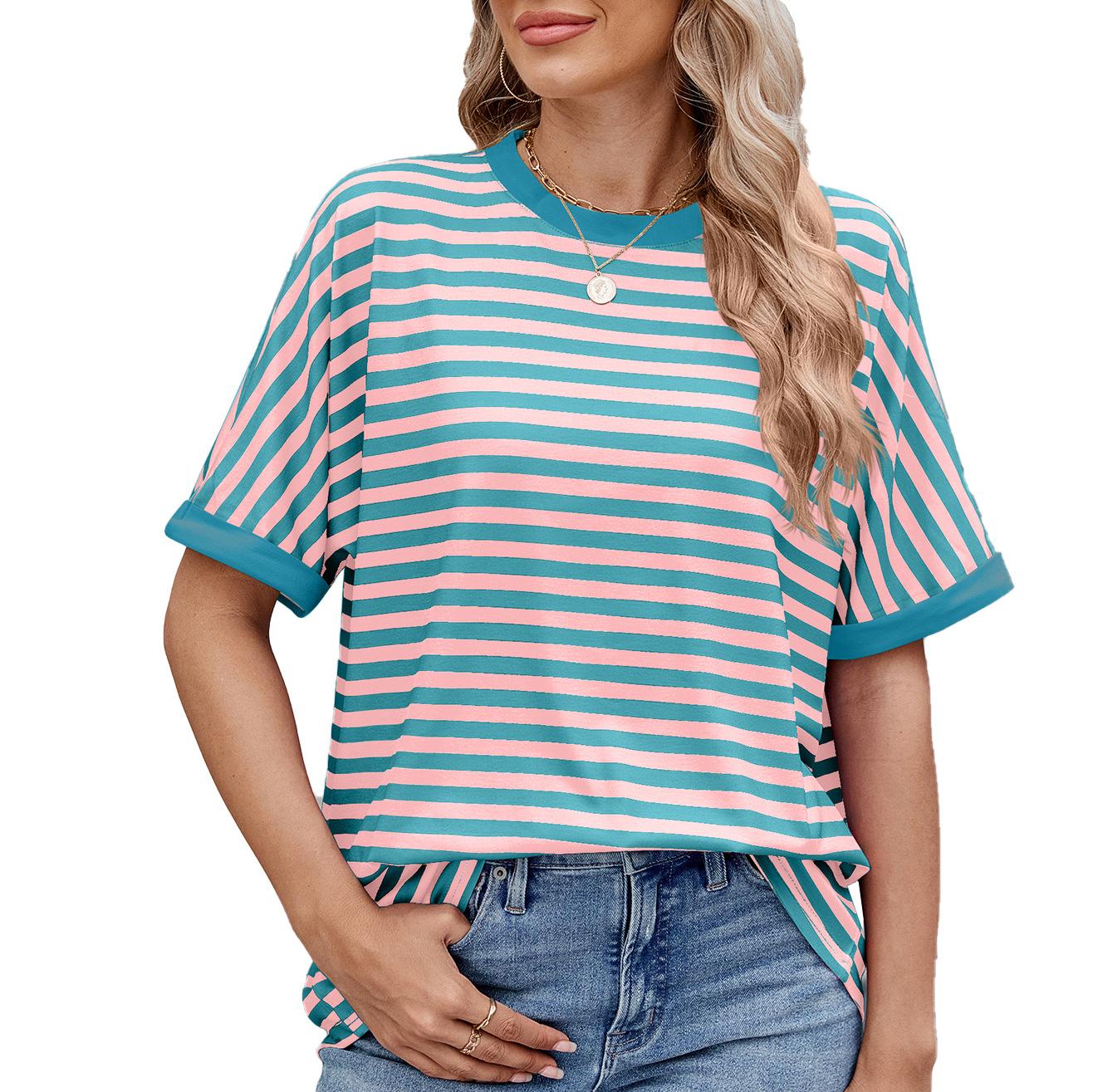 Summer Loose Fit Striped Round Neck T-Shirt Women L