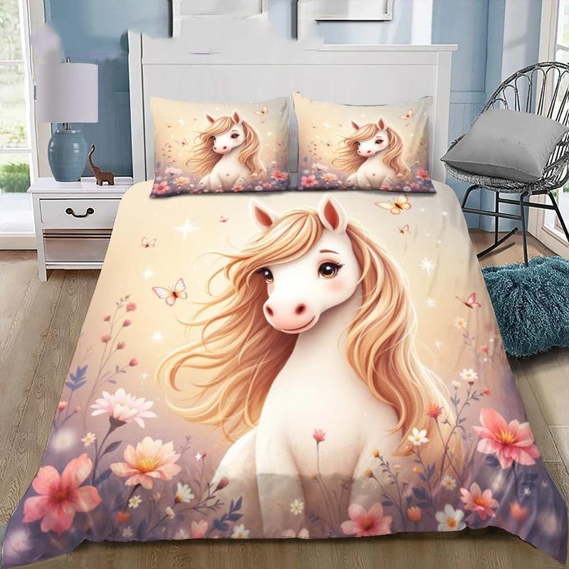Magical Running Horses Starry Grassland Print Duvet Cover Set Wildlife Animal Bedding Bedroom Decor with Zipper Pillowcase