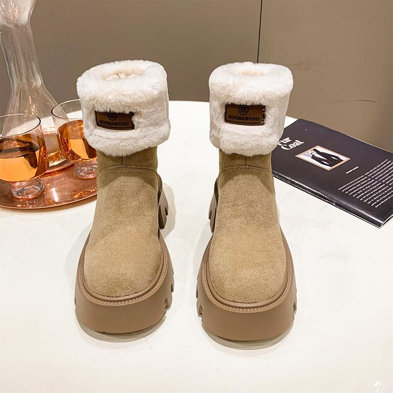 2025 New Thick-soled Heightening Snow Boots Women's Winter Plush Warm Retro Thick Heel Pile Fur Collar Short Boots