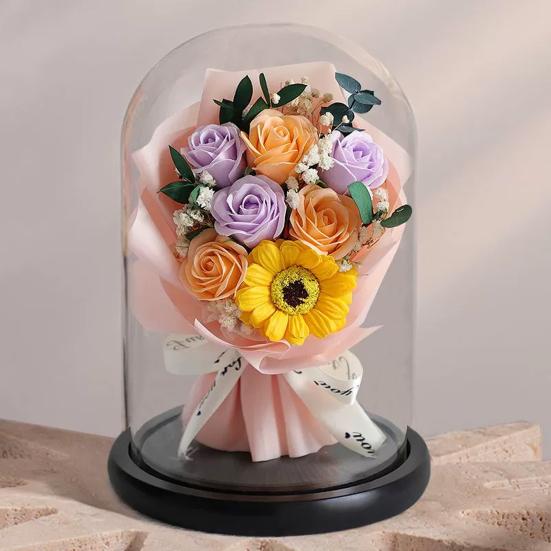Artificial Rose Bouquet with LED Light Glass Dome Cover Eternal Flower Decoration Women Wife Girlfriend Anniversary Valentine's Day Mother's Day Gift